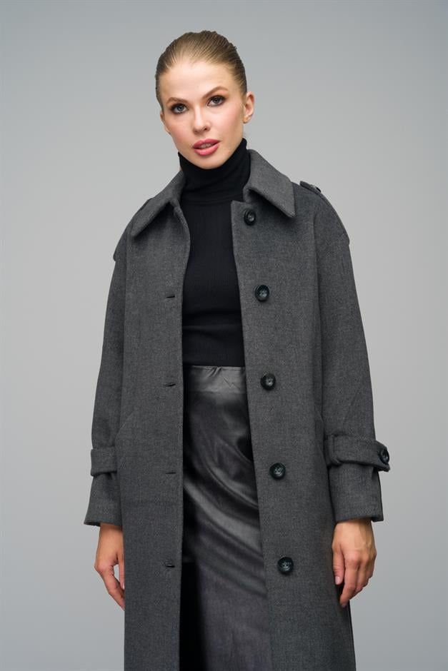 Oversize Long Coat with Shirt Collar and Epaulette Detail DARK GREY 3064