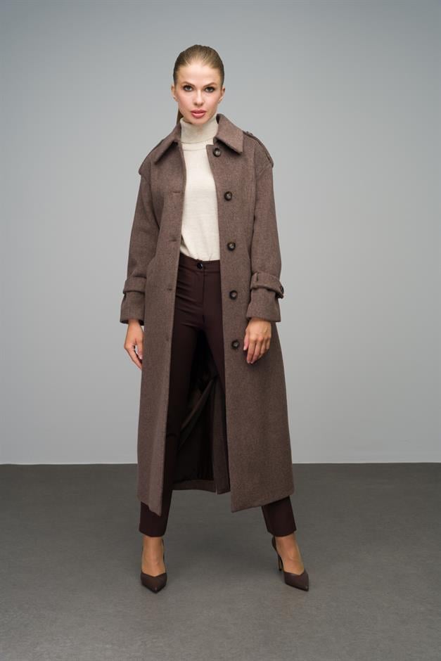 Oversize Long Coat with Shirt Collar and Epaulette Detail LATTE 3064