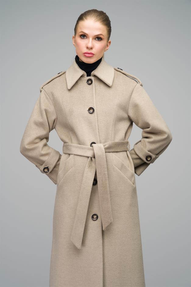 Oversize Long Coat with Shirt Collar and Epaulette Detail STONE 3064