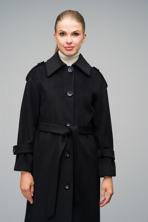 Oversize Long Coat with Shirt Collar and Epaulette Detail BLACK 3064