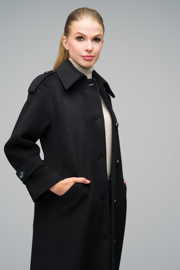 Oversize Long Coat with Shirt Collar and Epaulette Detail BLACK 3064