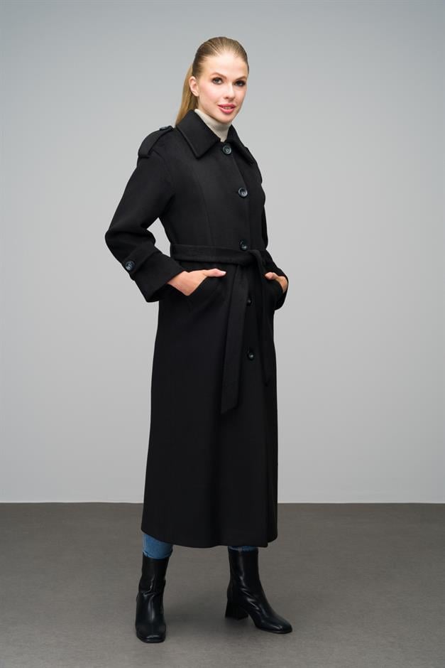 Oversize Long Coat with Shirt Collar and Epaulette Detail BLACK 3064