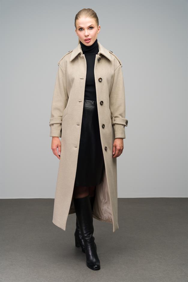 Oversize Long Coat with Shirt Collar and Epaulette Detail STONE 3064