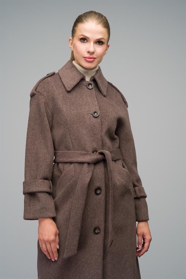 Oversize Long Coat with Shirt Collar and Epaulette Detail LATTE 3064