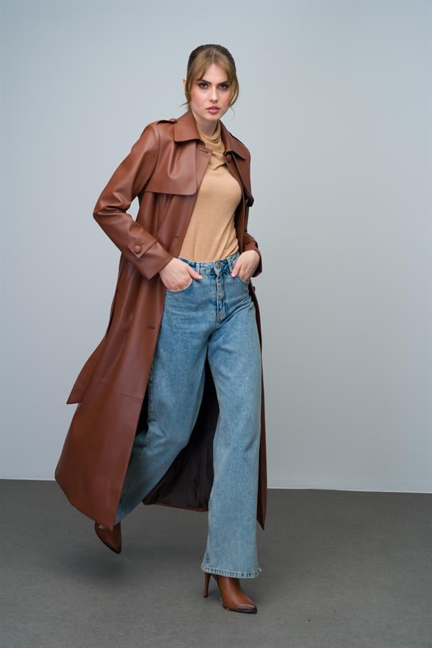 Long Leather Trench Coat with Shirt Collar, Epaulettes and Cape Details CAMEL 6607