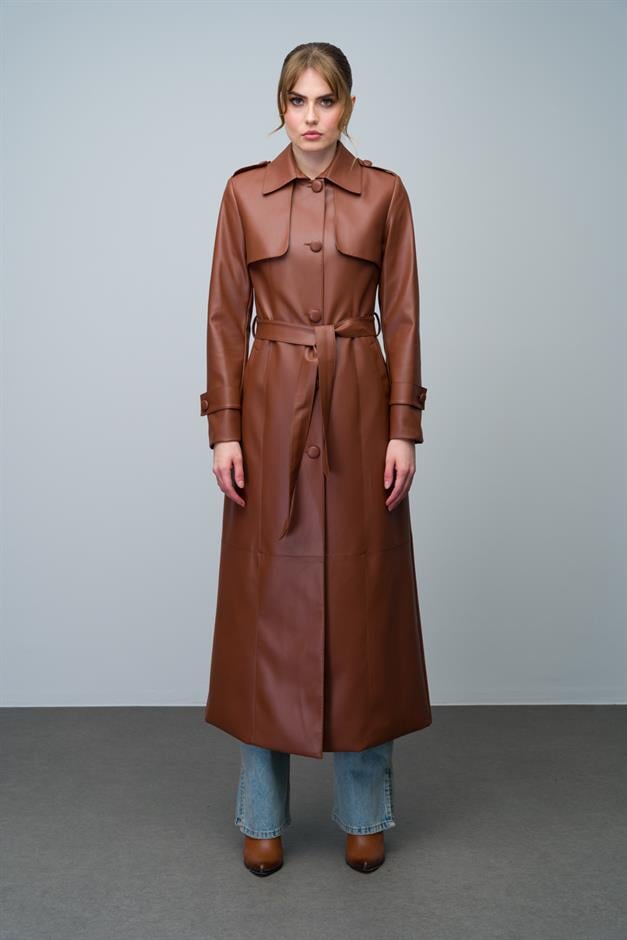 Long Leather Trench Coat with Shirt Collar, Epaulettes and Cape Details CAMEL 6607