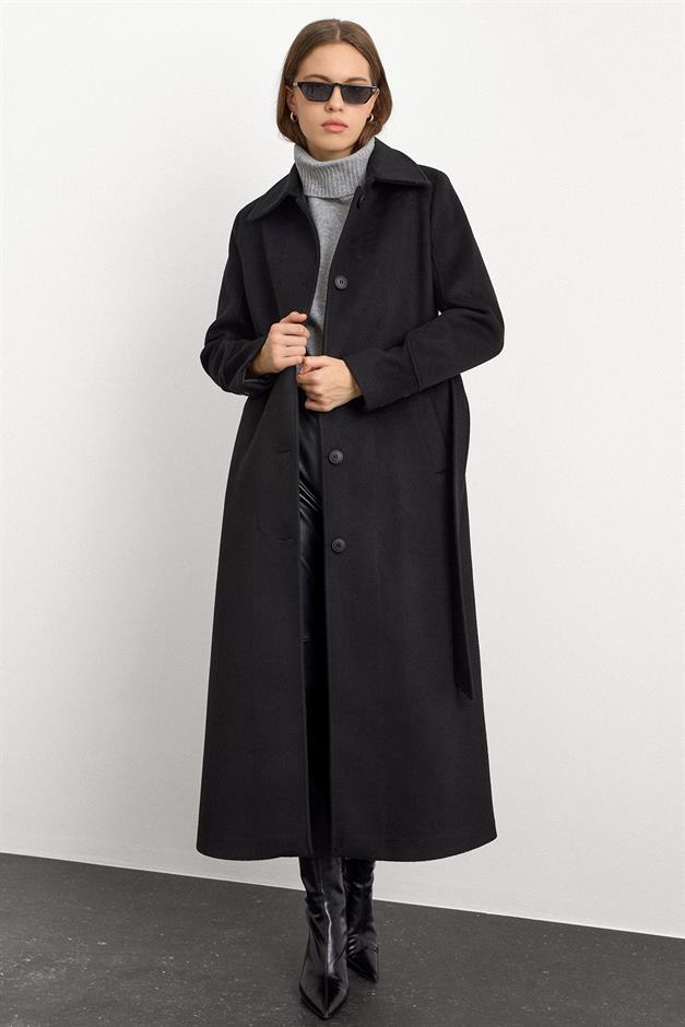 Gömlek Yaka Belden Bağlamalı Uzun Kaban SİYAH 3152