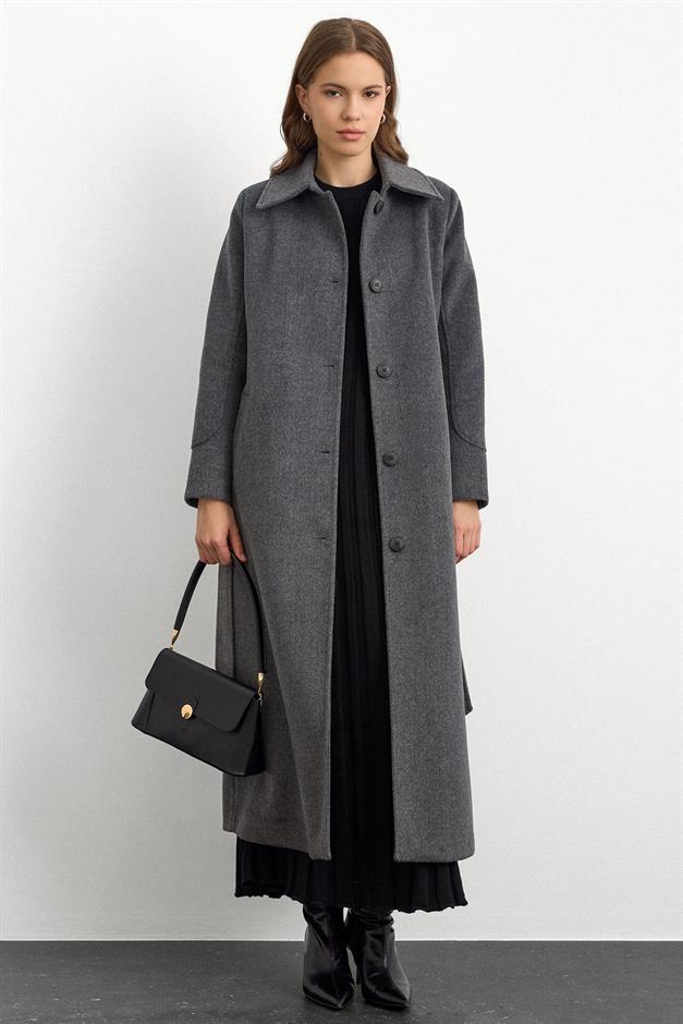 Gömlek Yaka Belden Bağlamalı Uzun Kaban KOYU GRİ 3152