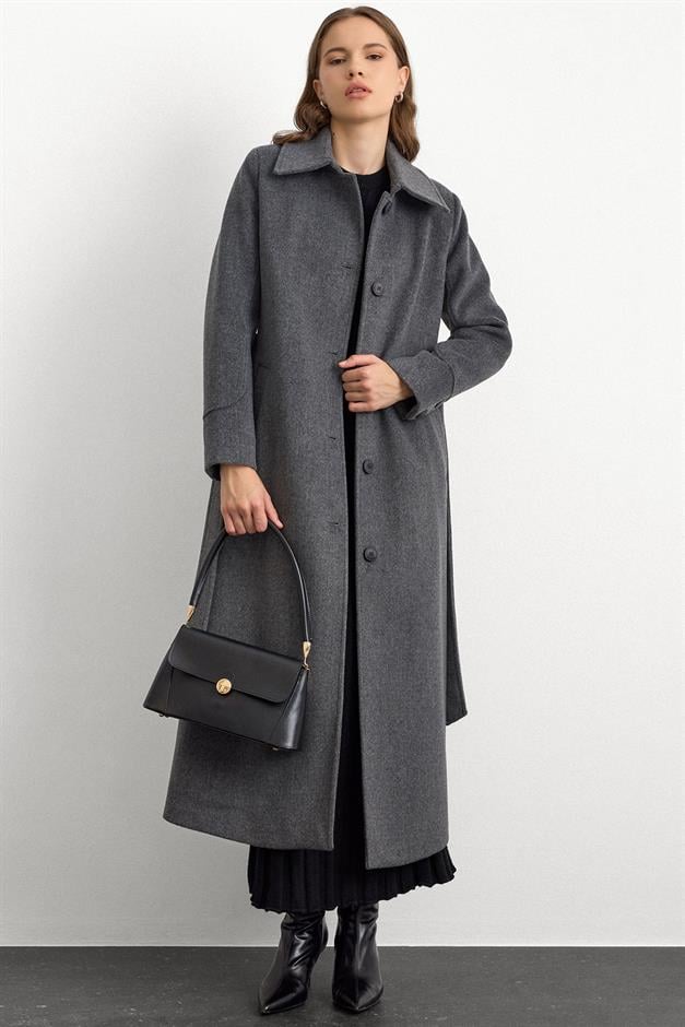 Gömlek Yaka Belden Bağlamalı Uzun Kaban KOYU GRİ 3152