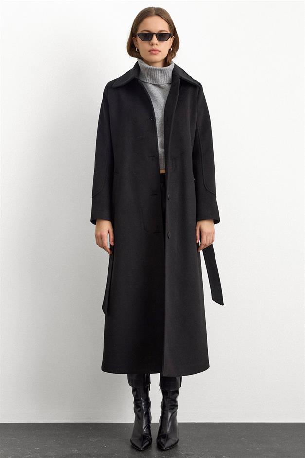 Gömlek Yaka Belden Bağlamalı Uzun Kaban SİYAH 3152