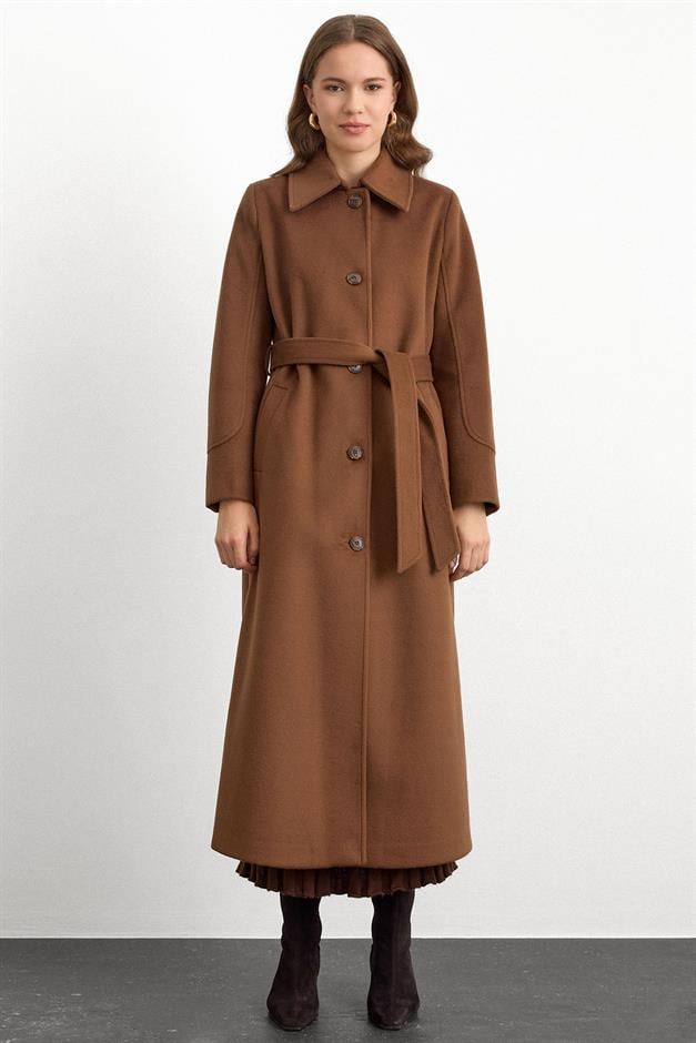 Gömlek Yaka Belden Bağlamalı Uzun Kaban TÜTÜN 3152