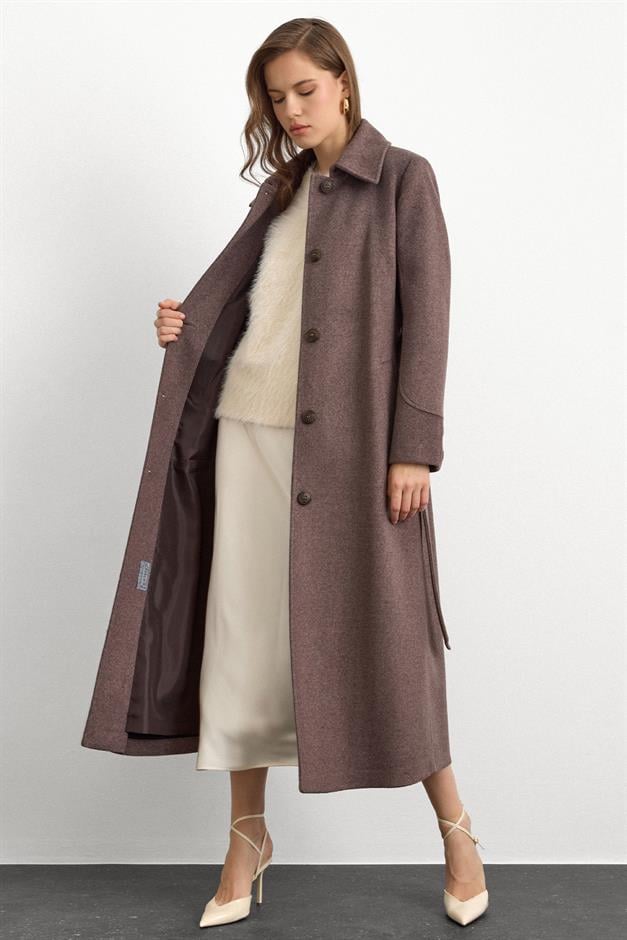 Gömlek Yaka Belden Bağlamalı Uzun Kaban LATTE 3152