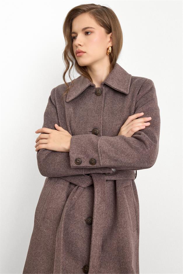 Gömlek Yaka Belden Bağlamalı Uzun Kaban LATTE 3152