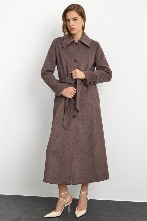 Gömlek Yaka Belden Bağlamalı Uzun Kaban LATTE 3152