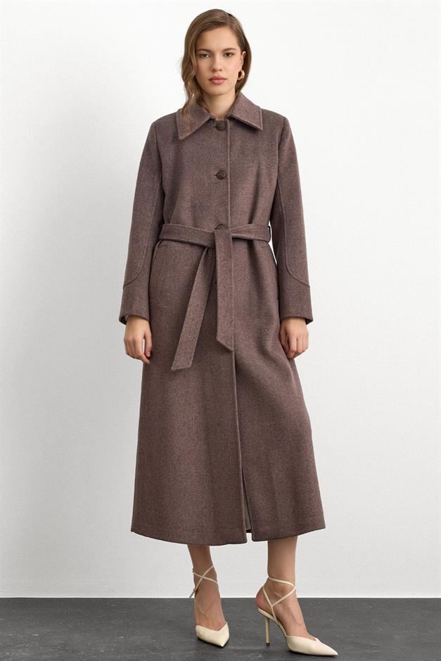 Gömlek Yaka Belden Bağlamalı Uzun Kaban LATTE 3152