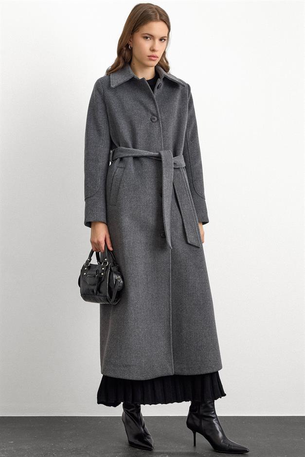 Gömlek Yaka Belden Bağlamalı Uzun Kaban KOYU GRİ 3152