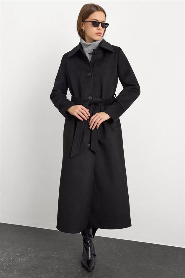 Gömlek Yaka Belden Bağlamalı Uzun Kaban SİYAH 3152