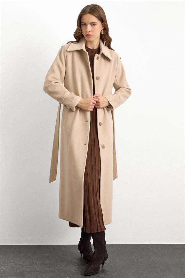 Gömlek Yaka Belden Bağlamalı Uzun Kaban BEJ 3152