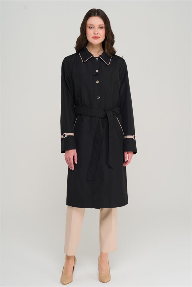Plus Size Trench Coat with Shirt Collar Piping and Grosgrain Detail BLACK 4303