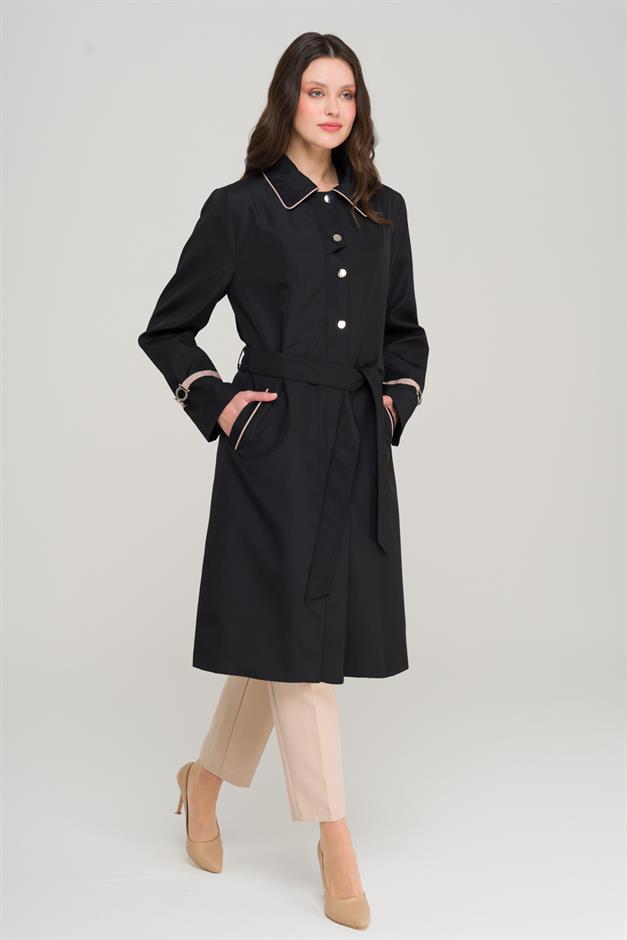 Plus Size Trench Coat with Shirt Collar Piping and Grosgrain Detail BLACK 4303