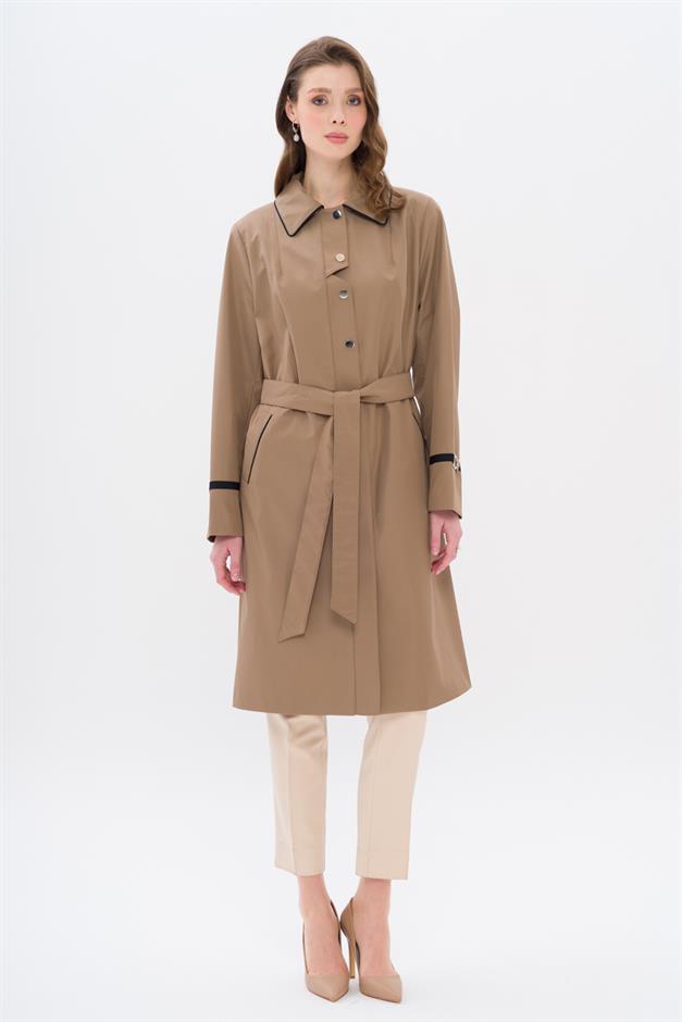 Plus Size Trench Coat with Shirt Collar Piping and Grosgrain Detail VIZON 4303