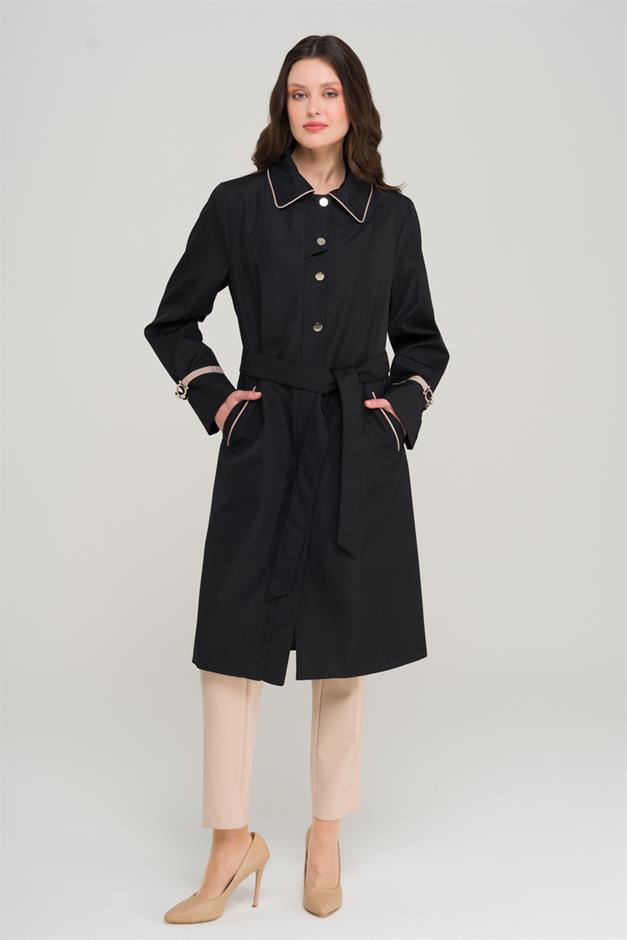 Plus Size Trench Coat with Shirt Collar Piping and Grosgrain Detail BLACK 4303