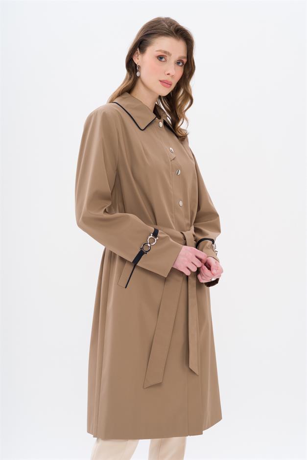 Plus Size Trench Coat with Shirt Collar Piping and Grosgrain Detail VIZON 4303