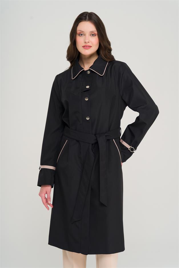 Plus Size Trench Coat with Shirt Collar Piping and Grosgrain Detail BLACK 4303