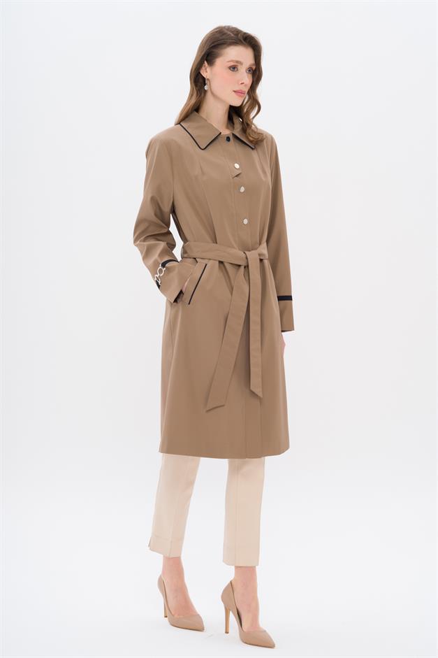 Plus Size Trench Coat with Shirt Collar Piping and Grosgrain Detail VIZON 4303