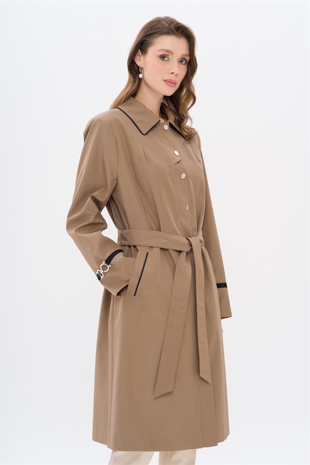 Plus Size Trench Coat with Shirt Collar Piping and Grosgrain Detail VIZON 4303