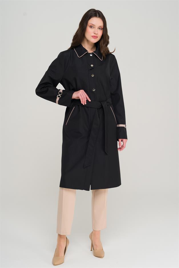 Plus Size Trench Coat with Shirt Collar Piping and Grosgrain Detail BLACK 4303