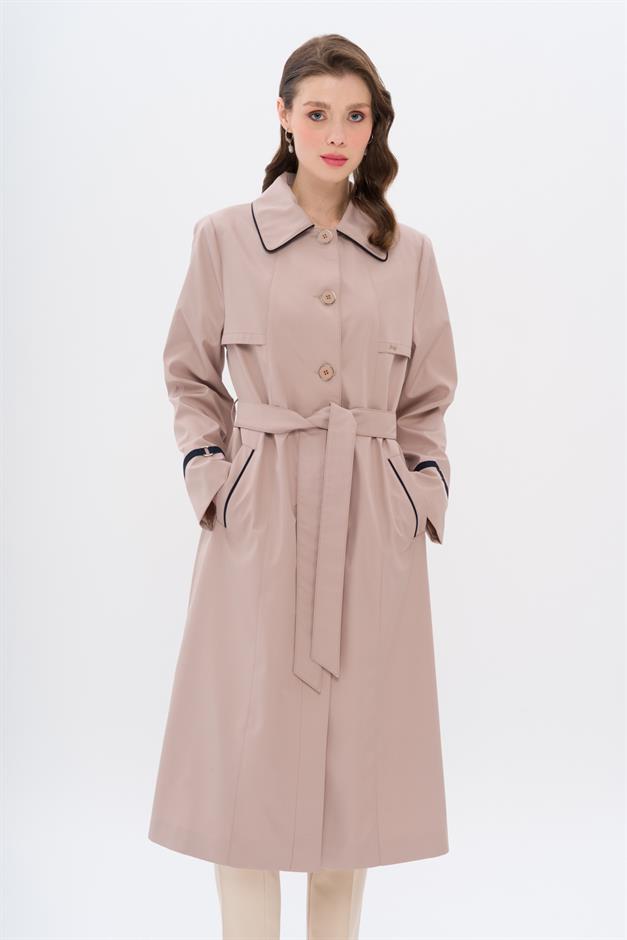 Plus Size Trench Coat with Shirt Collar Piping and Cape Detail BEIGE 4301