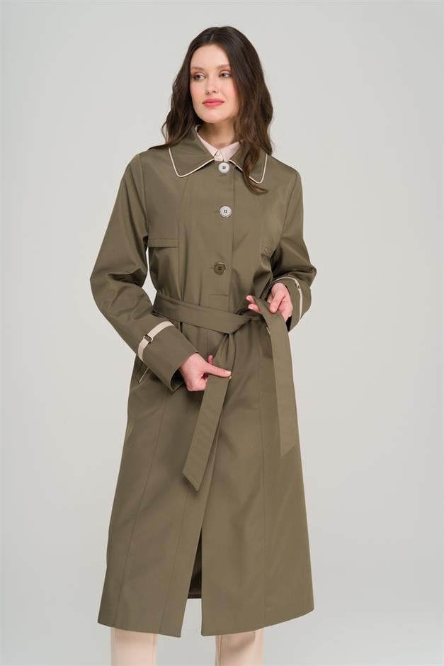 Plus Size Trench Coat with Shirt Collar Piping and Cape Detail DRAB 4301