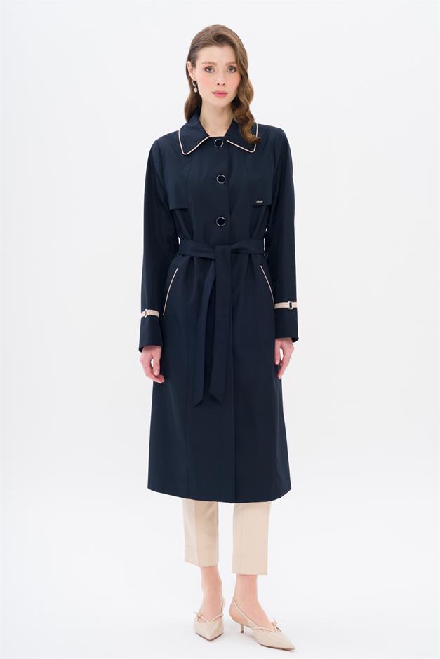 Plus Size Trench Coat with Shirt Collar Piping and Cape Detail NAVY 4301