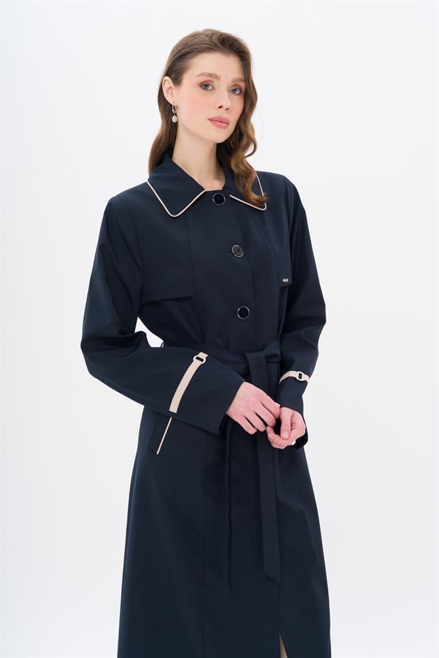 Plus Size Trench Coat with Shirt Collar Piping and Cape Detail NAVY 4301