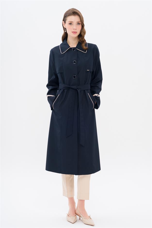 Plus Size Trench Coat with Shirt Collar Piping and Cape Detail NAVY 4301