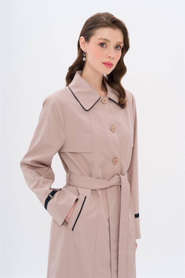 Plus Size Trench Coat with Shirt Collar Piping and Cape Detail BEIGE 4301