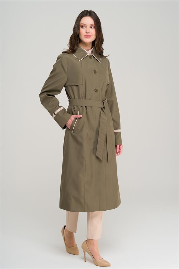 Plus Size Trench Coat with Shirt Collar Piping and Cape Detail DRAB 4301