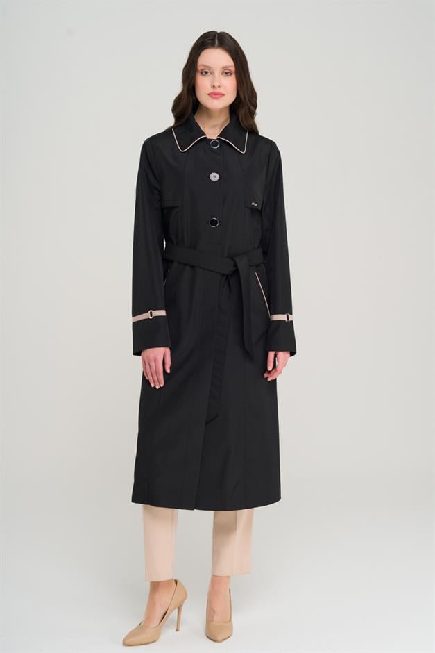 Plus Size Trench Coat with Shirt Collar Piping and Cape Detail BLACK 4301