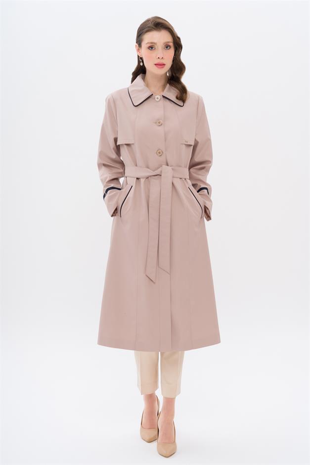 Plus Size Trench Coat with Shirt Collar Piping and Cape Detail BEIGE 4301