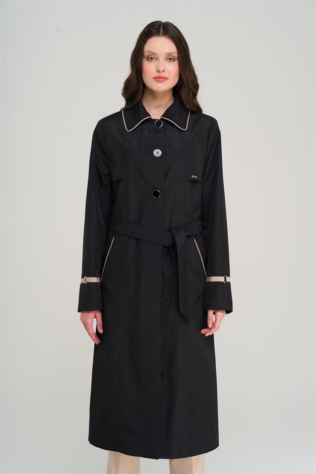 Plus Size Trench Coat with Shirt Collar Piping and Cape Detail BLACK 4301