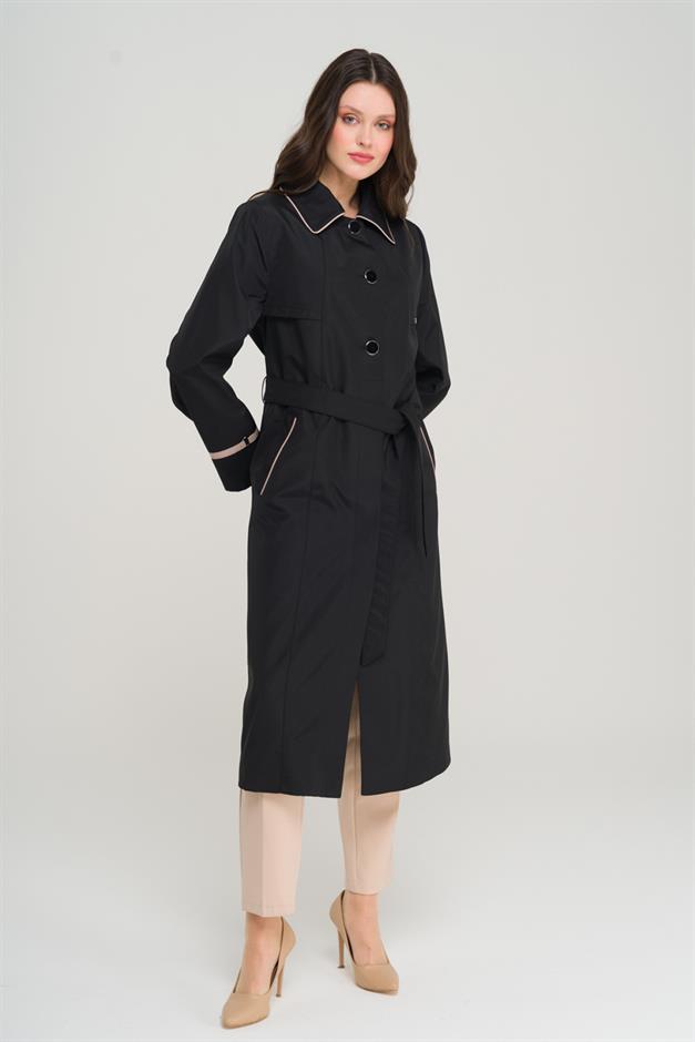 Plus Size Trench Coat with Shirt Collar Piping and Cape Detail BLACK 4301