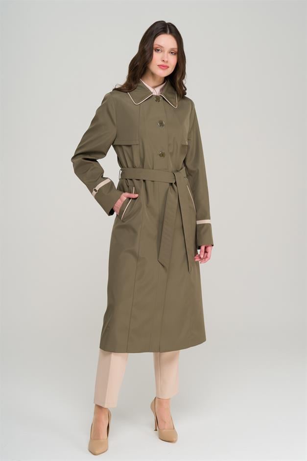 Plus Size Trench Coat with Shirt Collar Piping and Cape Detail DRAB 4301