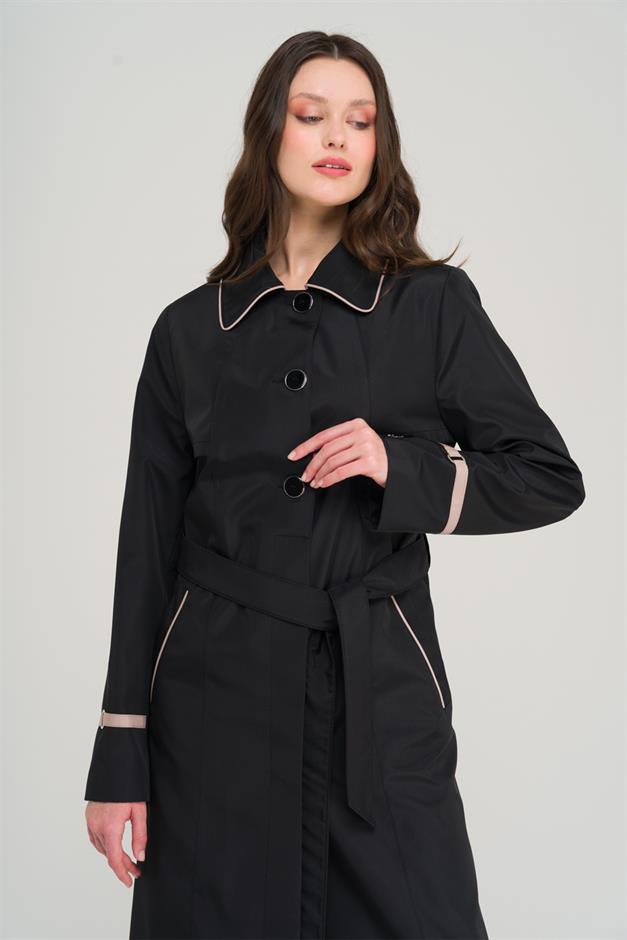 Plus Size Trench Coat with Shirt Collar Piping and Cape Detail BLACK 4301