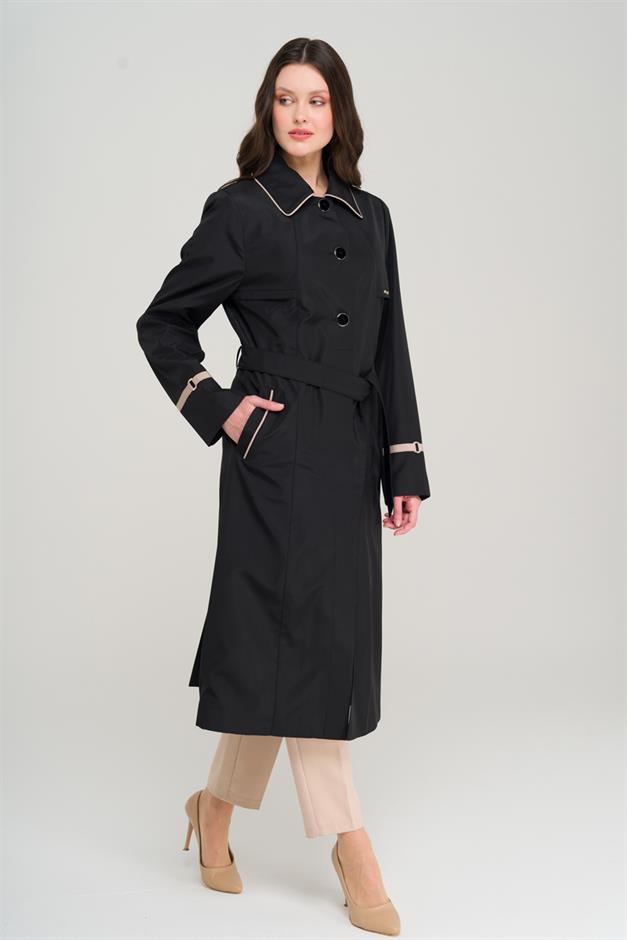 Plus Size Trench Coat with Shirt Collar Piping and Cape Detail BLACK 4301
