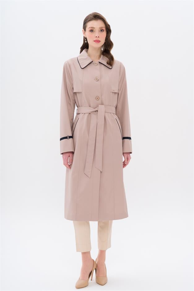Plus Size Trench Coat with Shirt Collar Piping and Cape Detail BEIGE 4301