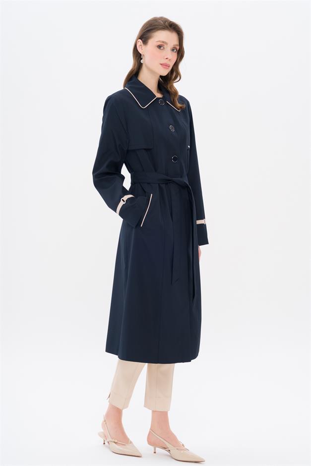 Plus Size Trench Coat with Shirt Collar Piping and Cape Detail NAVY 4301
