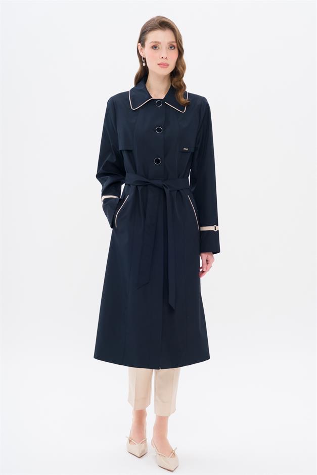 Plus Size Trench Coat with Shirt Collar Piping and Cape Detail NAVY 4301
