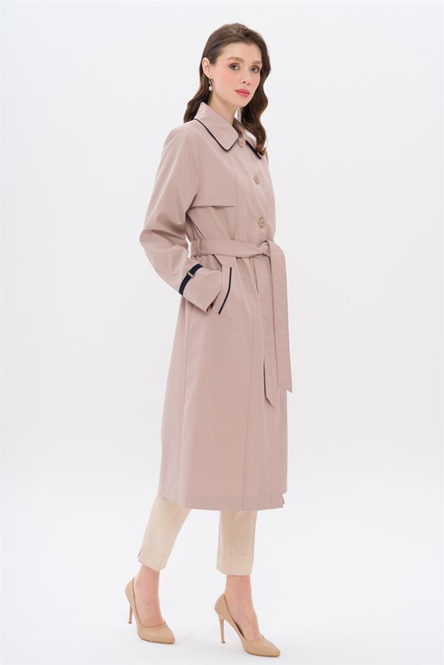 Plus Size Trench Coat with Shirt Collar Piping and Cape Detail BEIGE 4301