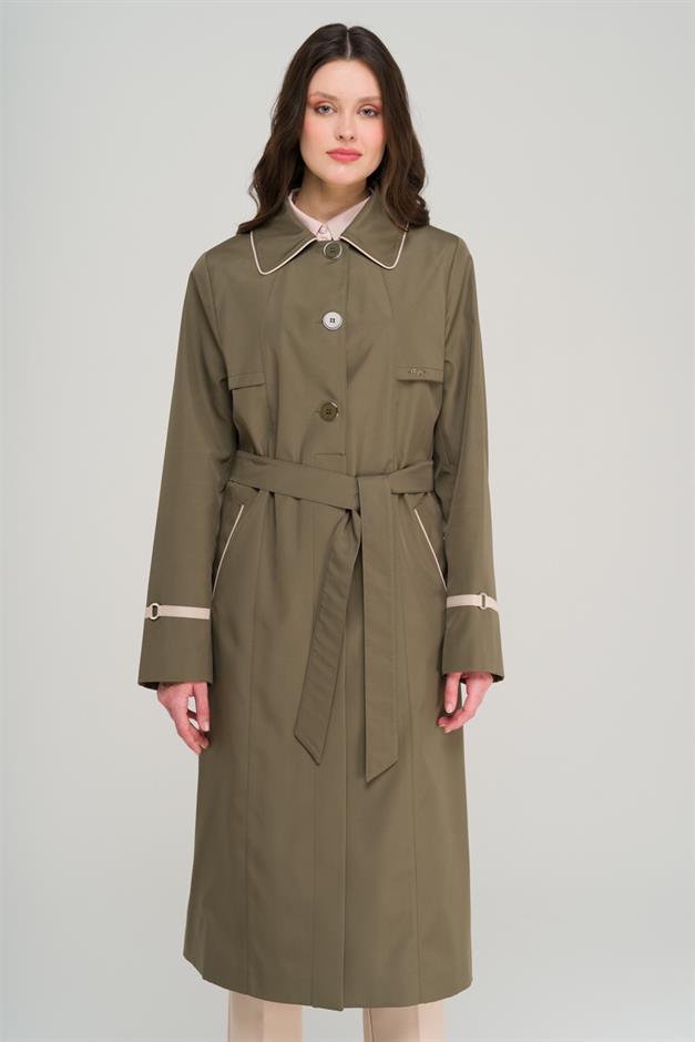 Plus Size Trench Coat with Shirt Collar Piping and Cape Detail DRAB 4301